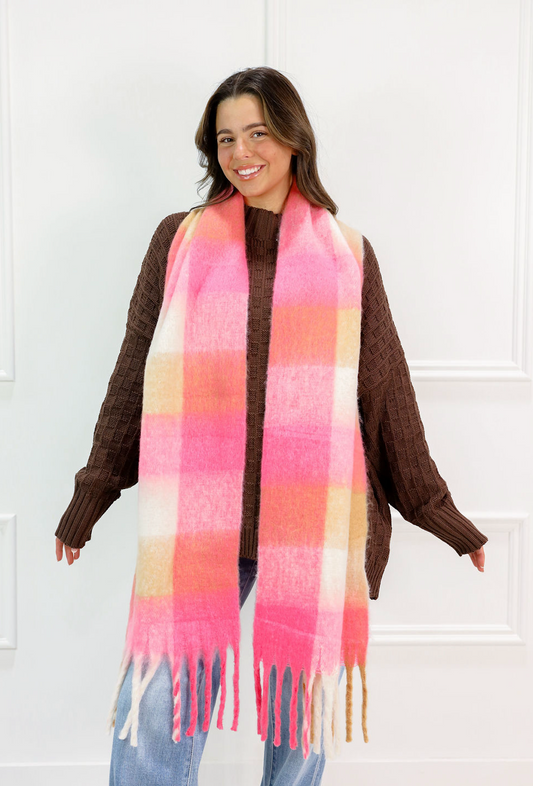 Pink Multi Plaid Tassel Scarf - Clothe Boutique