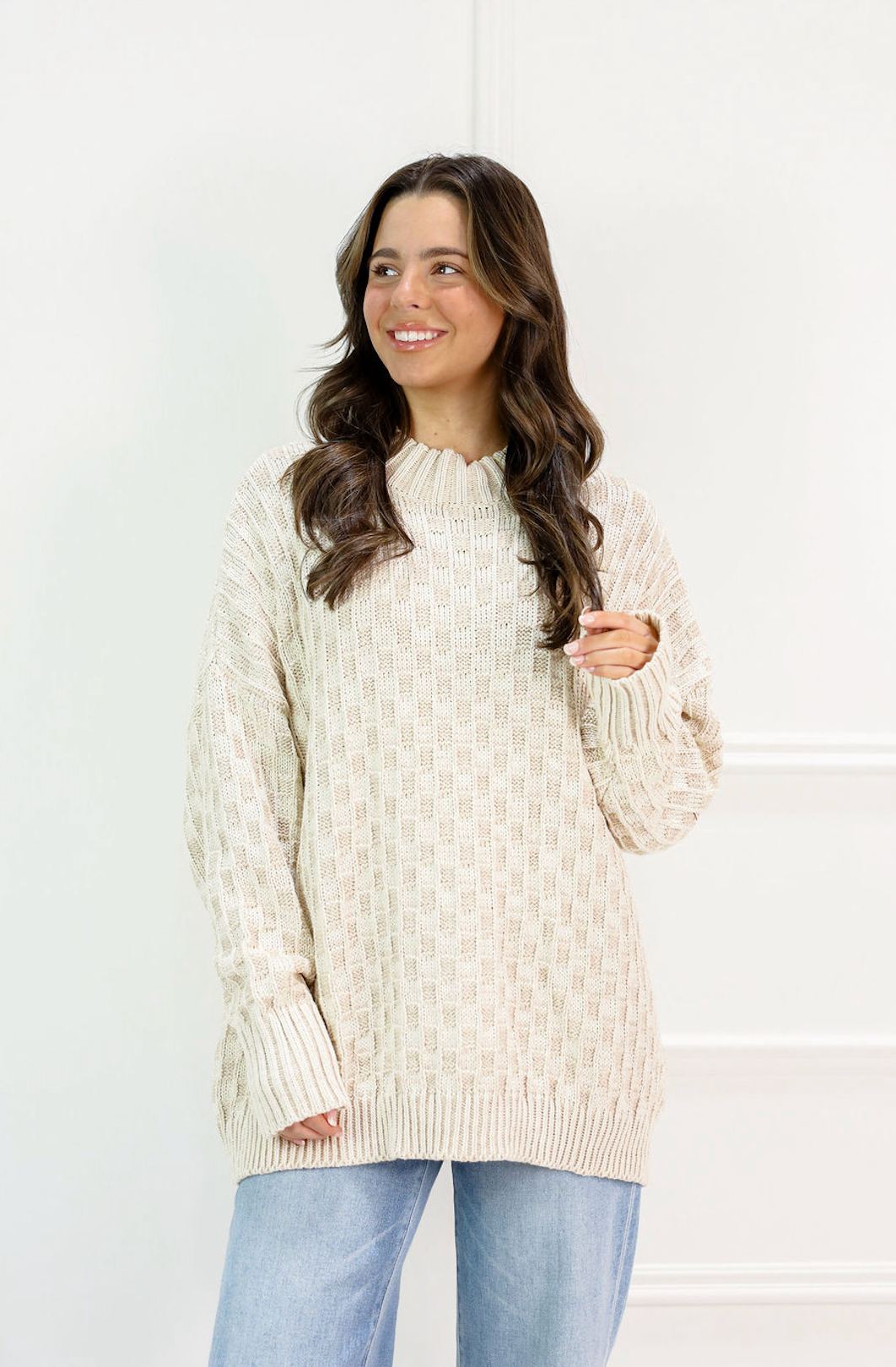 Oversized Mock Checker Sweater Ivory
