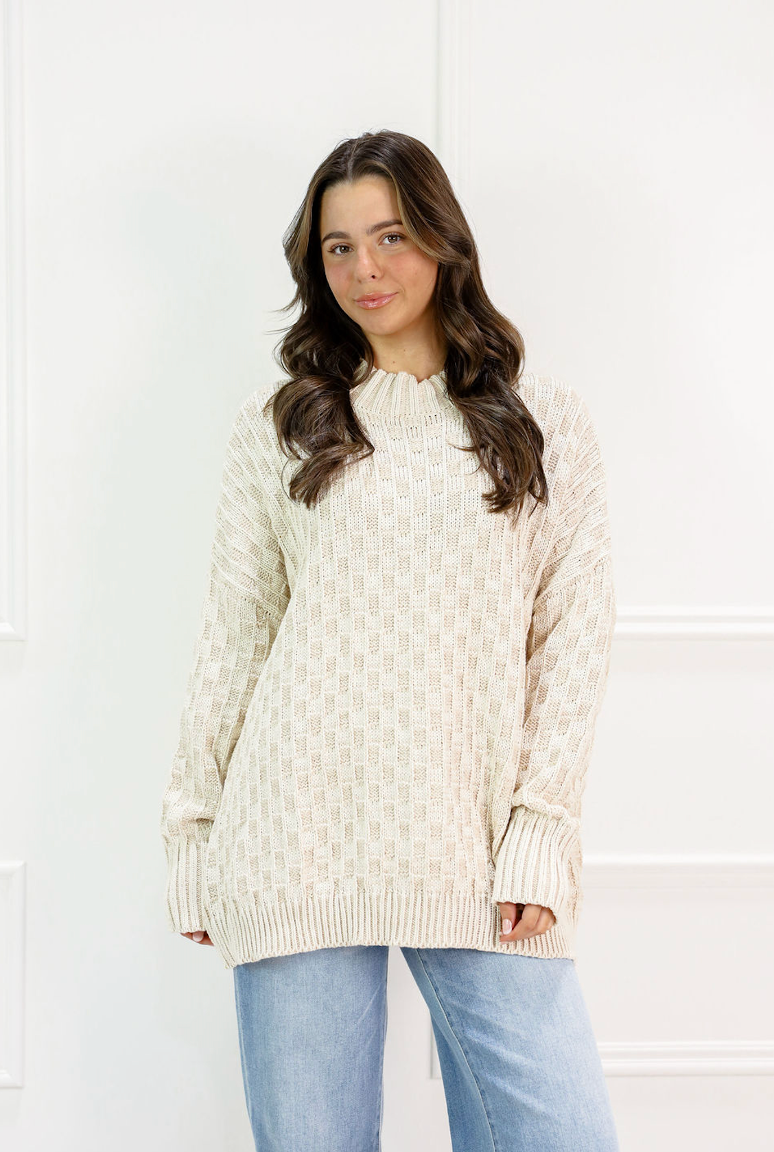 Oversized Mock Checker Sweater Ivory