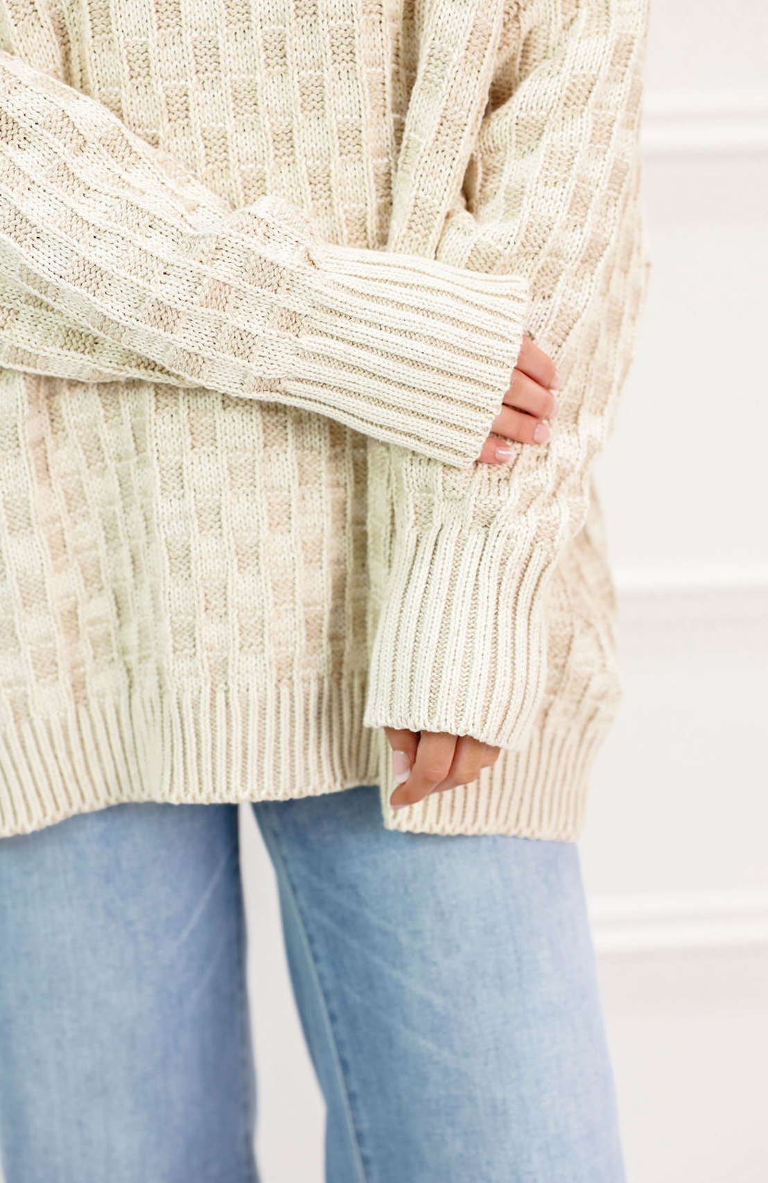 Oversized Mock Checker Sweater Ivory