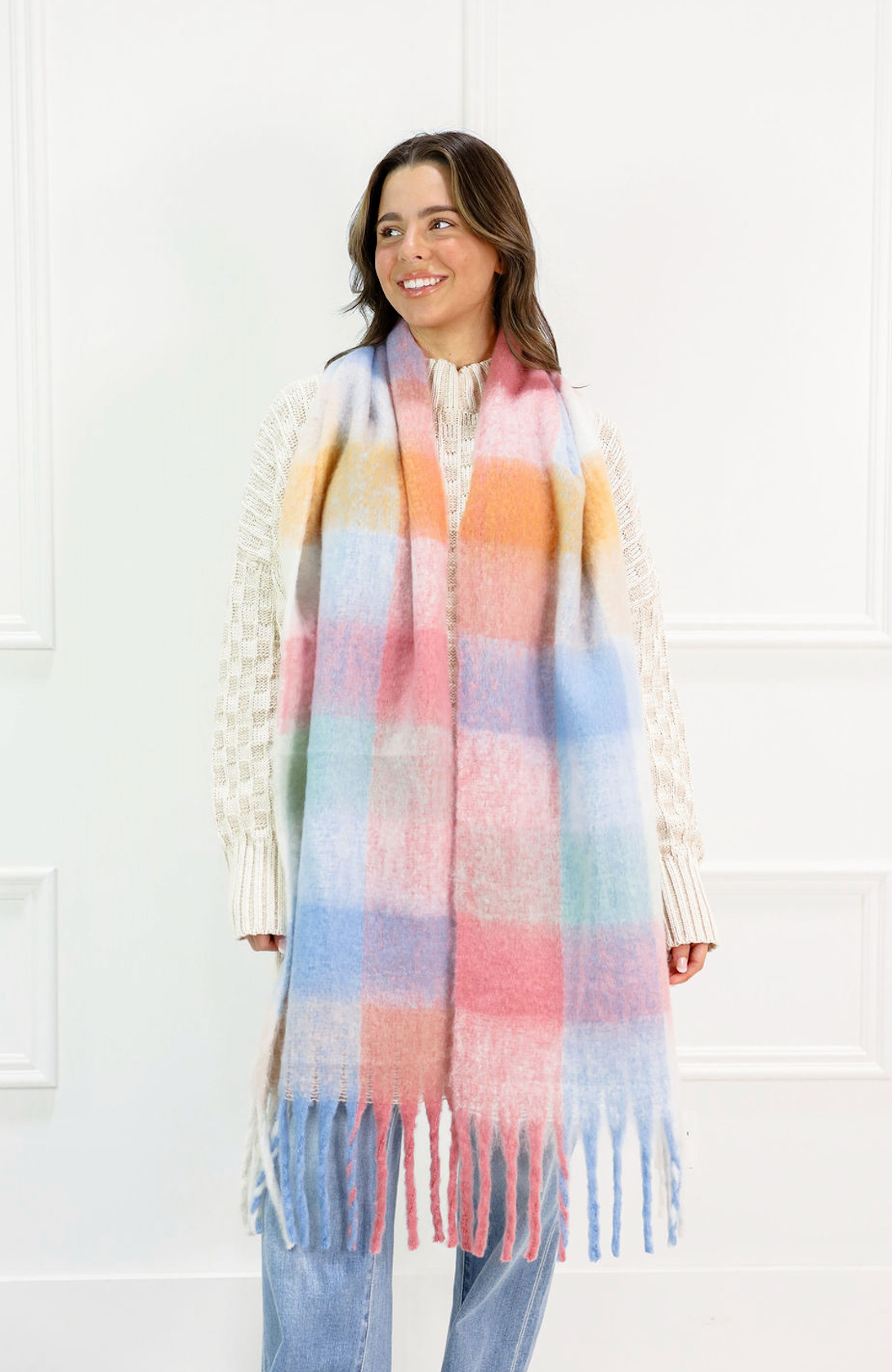 Blue Multi Plaid Tassel Scarf - Clothe Boutique