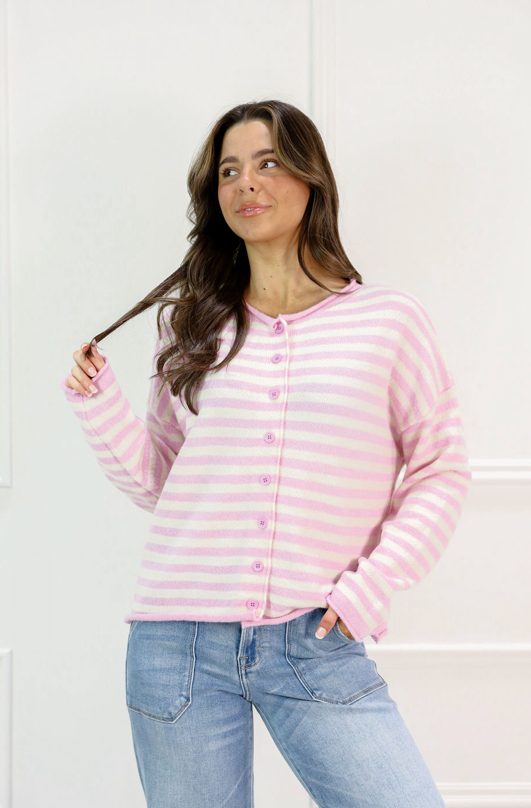 Lavender Pink Stripe Cardigan - Clothe Boutique