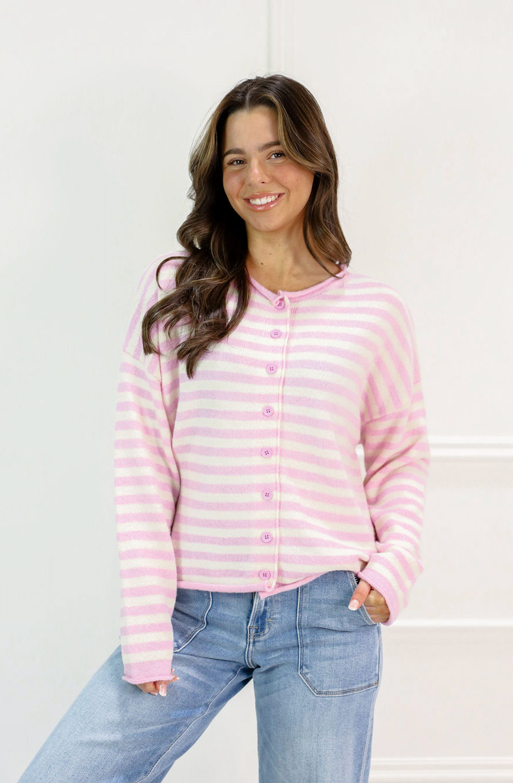 Lavender Pink Stripe Cardigan - Clothe Boutique