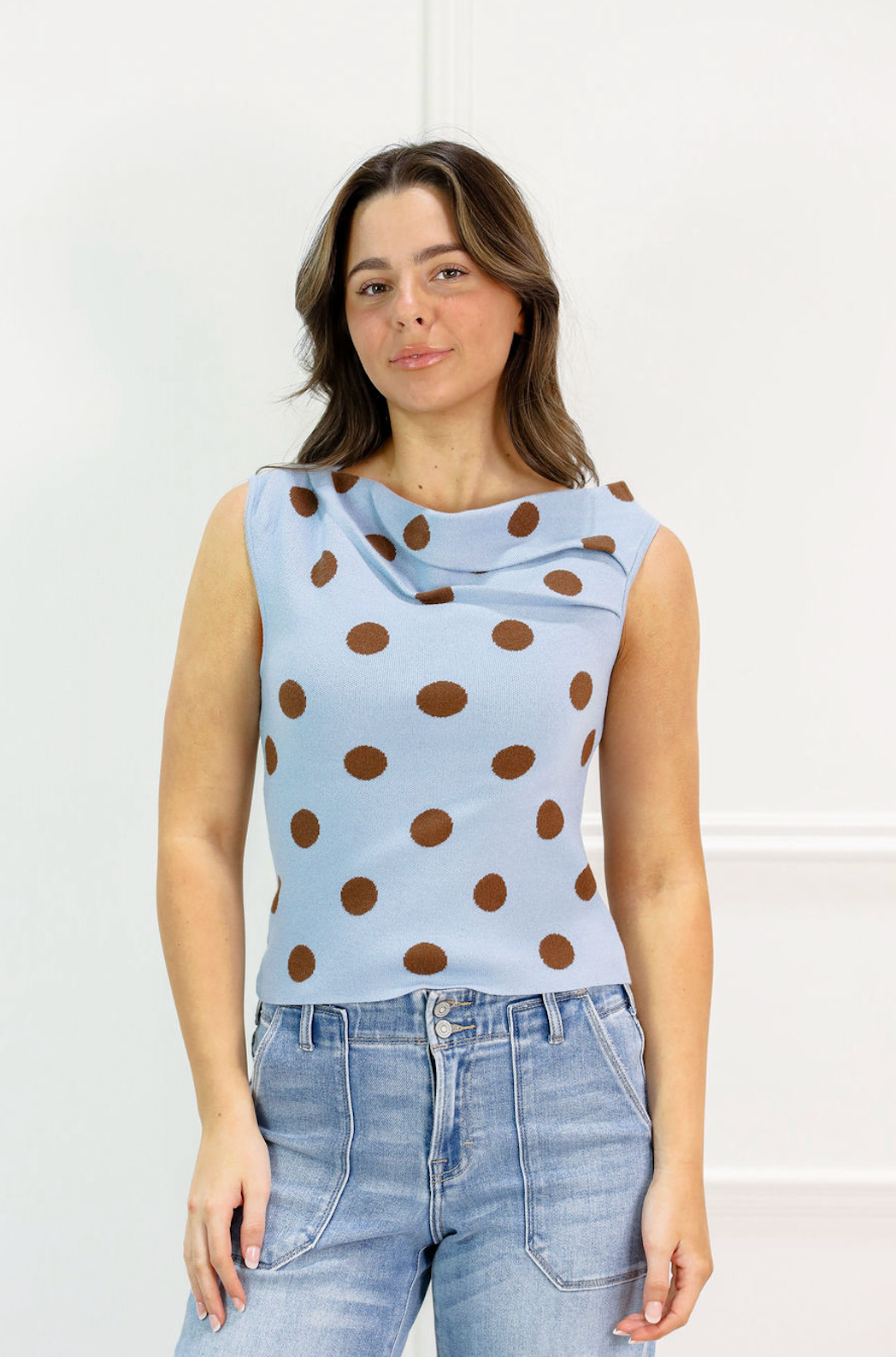 Asymmetrical Polka Dot Knit Top Blue - Clothe Boutique