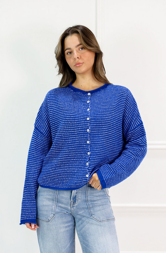 Piper Pinstripe Cardigan Royal - Clothe Boutique