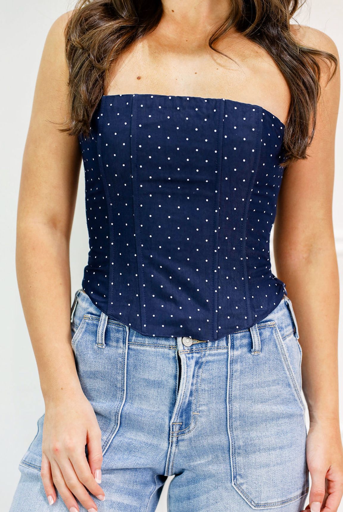 Polka Dot Lace Up Bustier Top Navy - Clothe Boutique