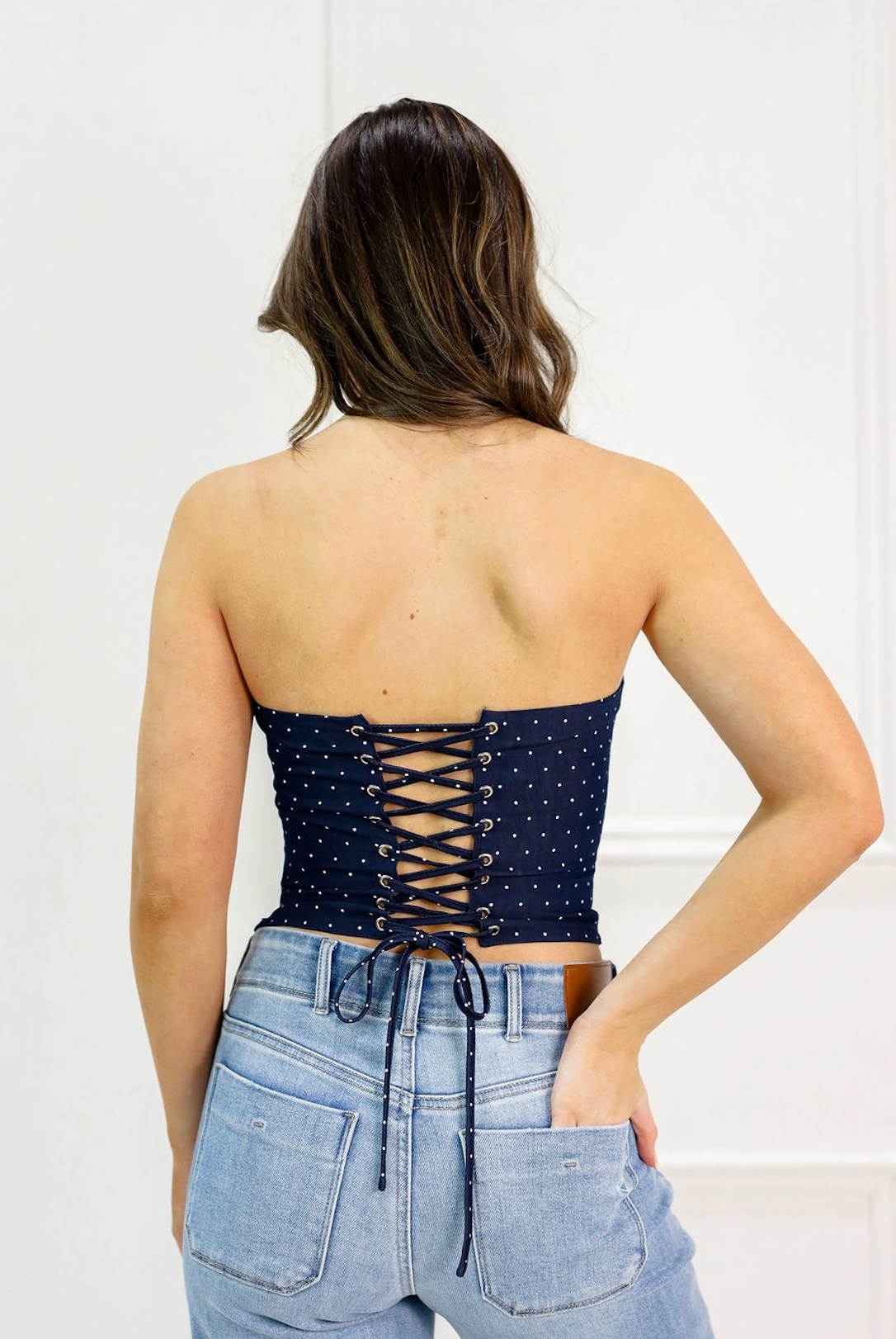 Polka Dot Lace Up Bustier Top Navy - Clothe Boutique
