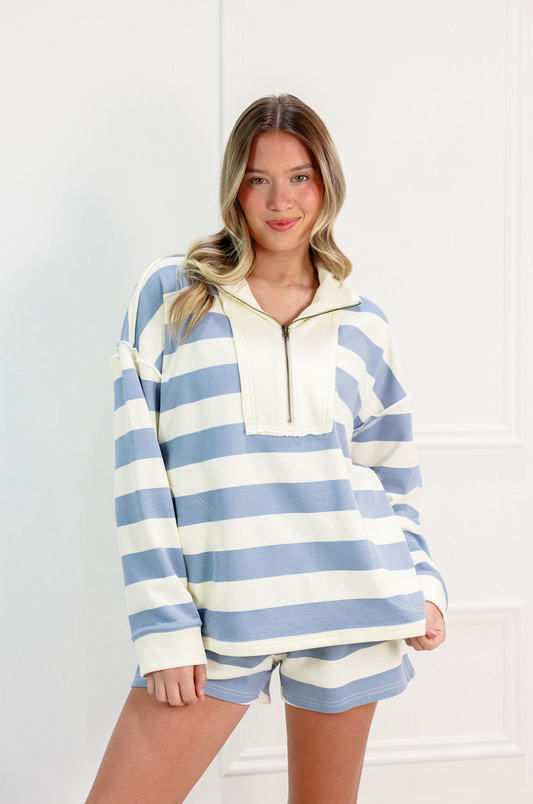 Striped Half Zip & Shorts Set of 2 Blue/Cream - Clothe Boutique