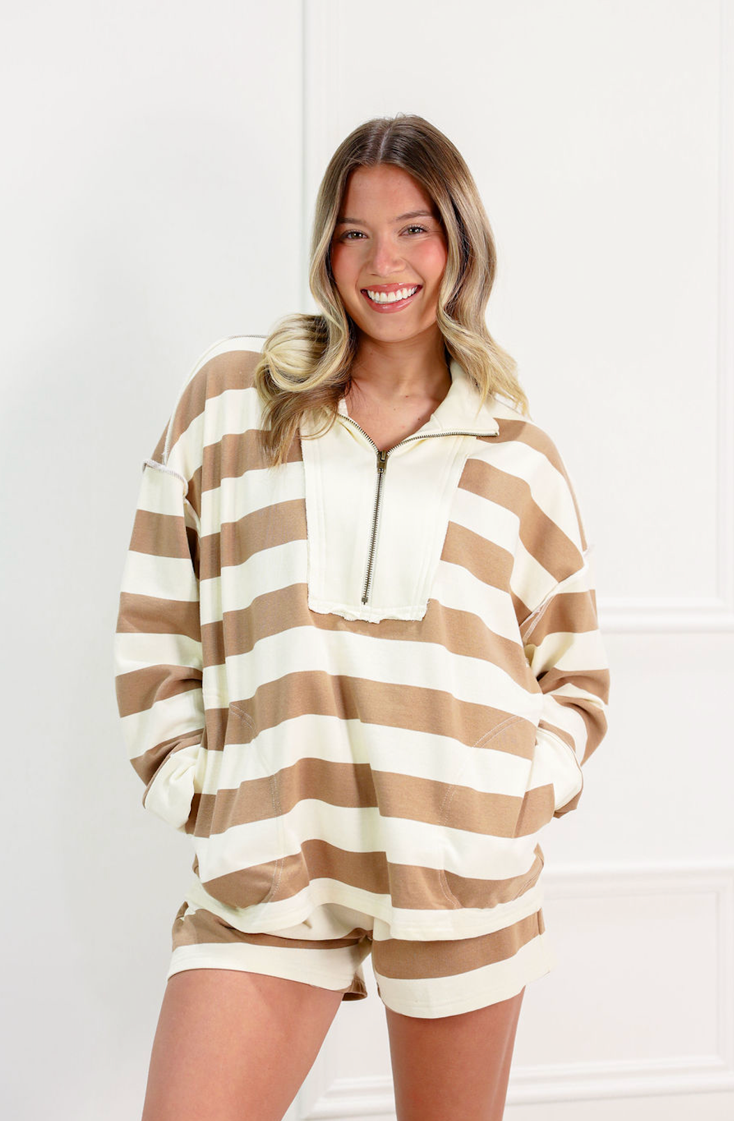 Striped Half Zip & Shorts Set of 2 Mocha/Cream