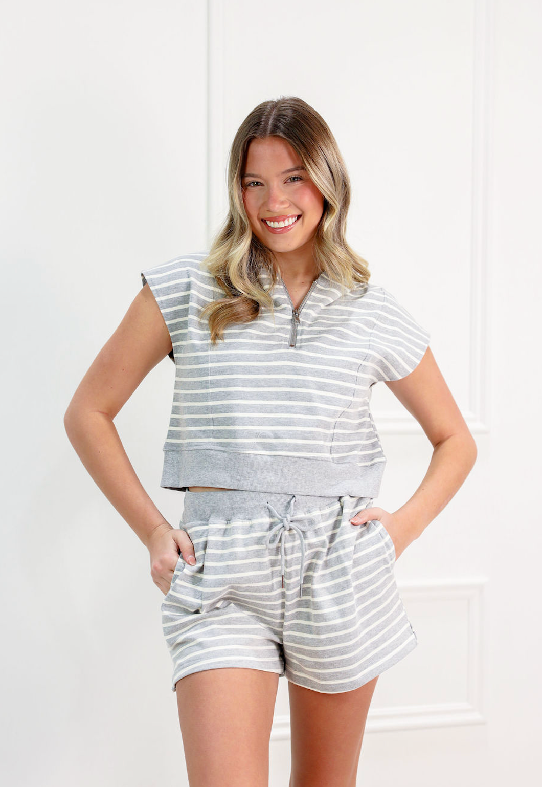 Stripe Crop Top & Shorts Set of 2 Grey - Clothe Boutique