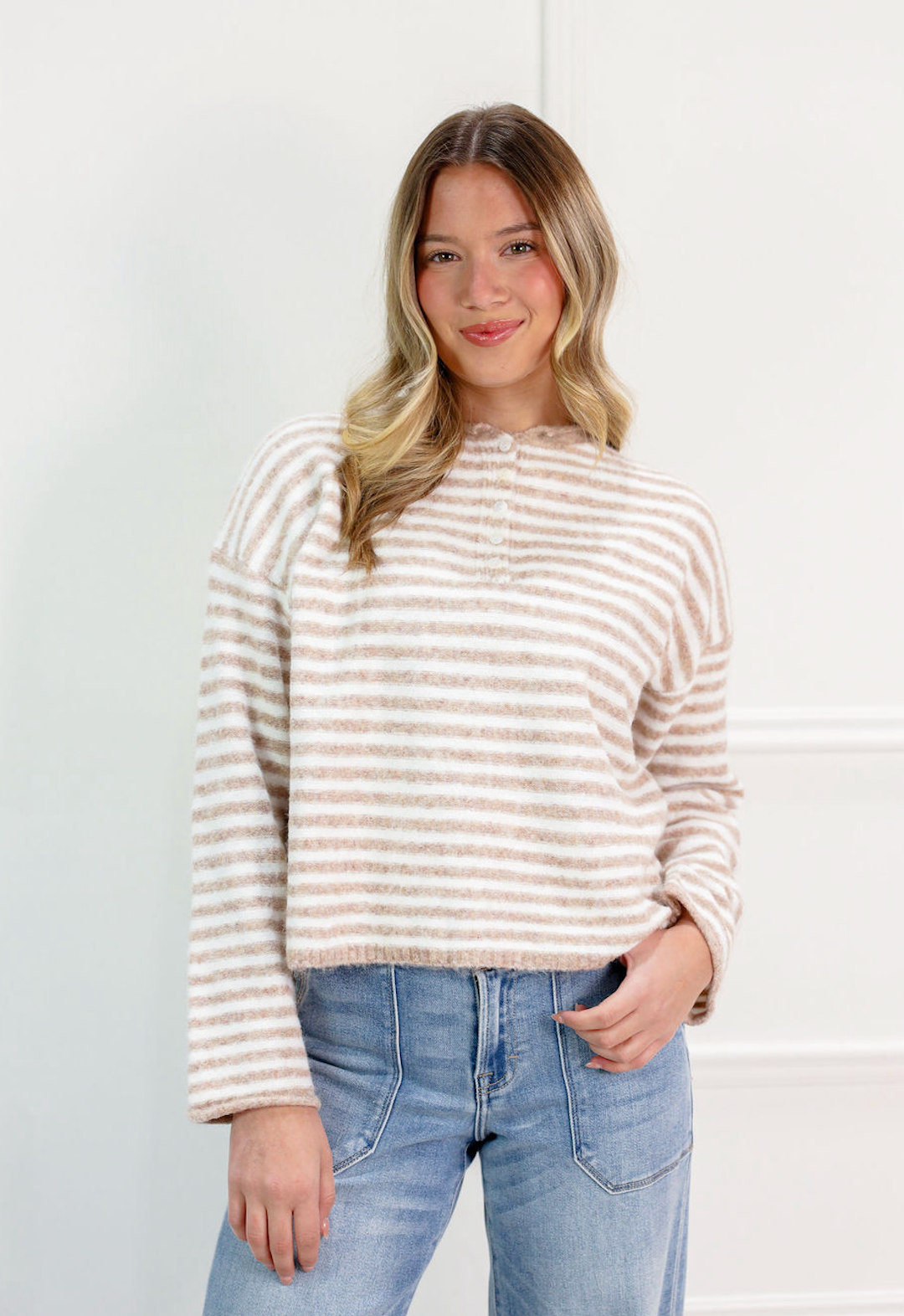 Striped Knit Sweater Oatmeal - Clothe Boutique