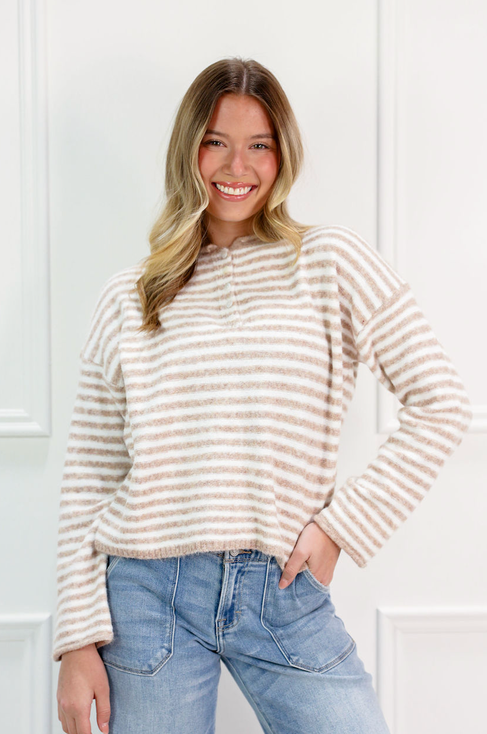 Striped Knit Sweater Oatmeal - Clothe Boutique