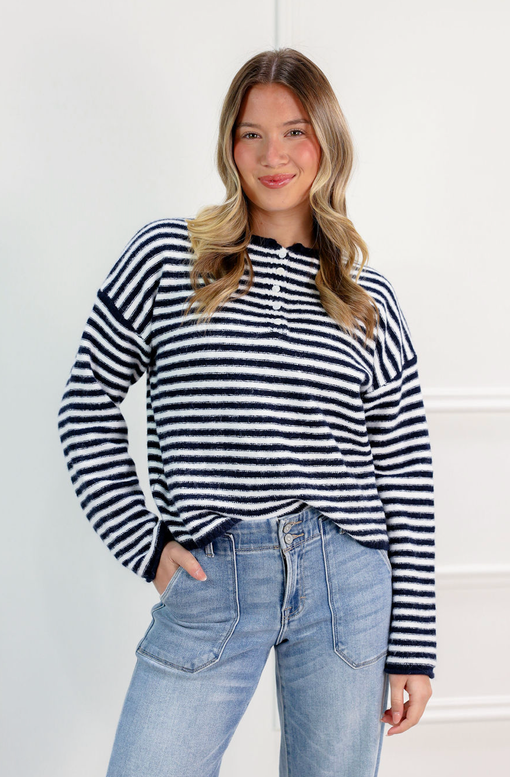 Striped Knit Sweater Navy - Clothe Boutique