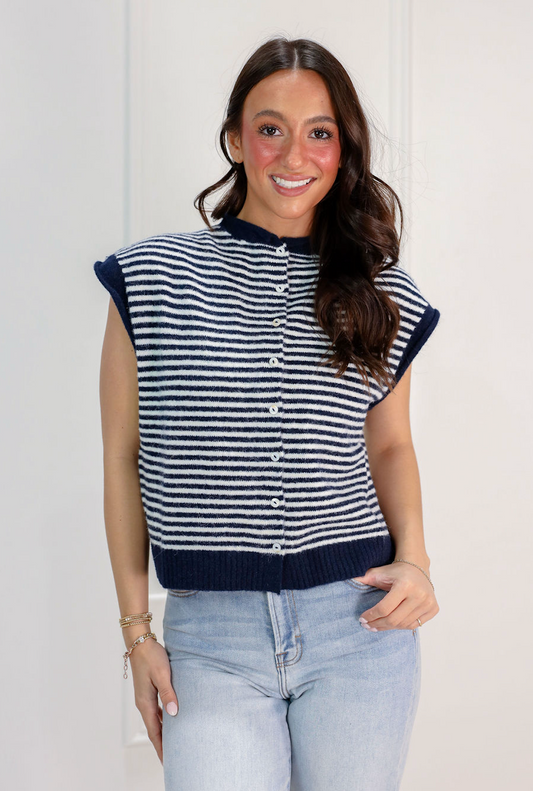 Navy Stripe Sweater Vest Cardigan - Clothe Boutique