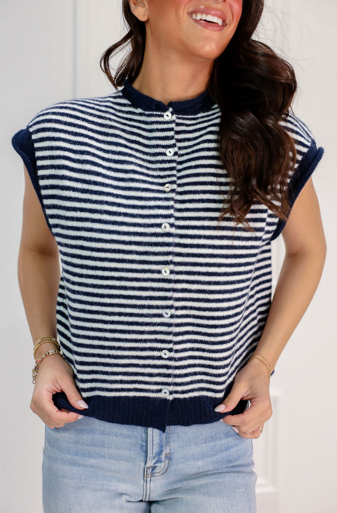 Navy Stripe Sweater Vest Cardigan - Clothe Boutique