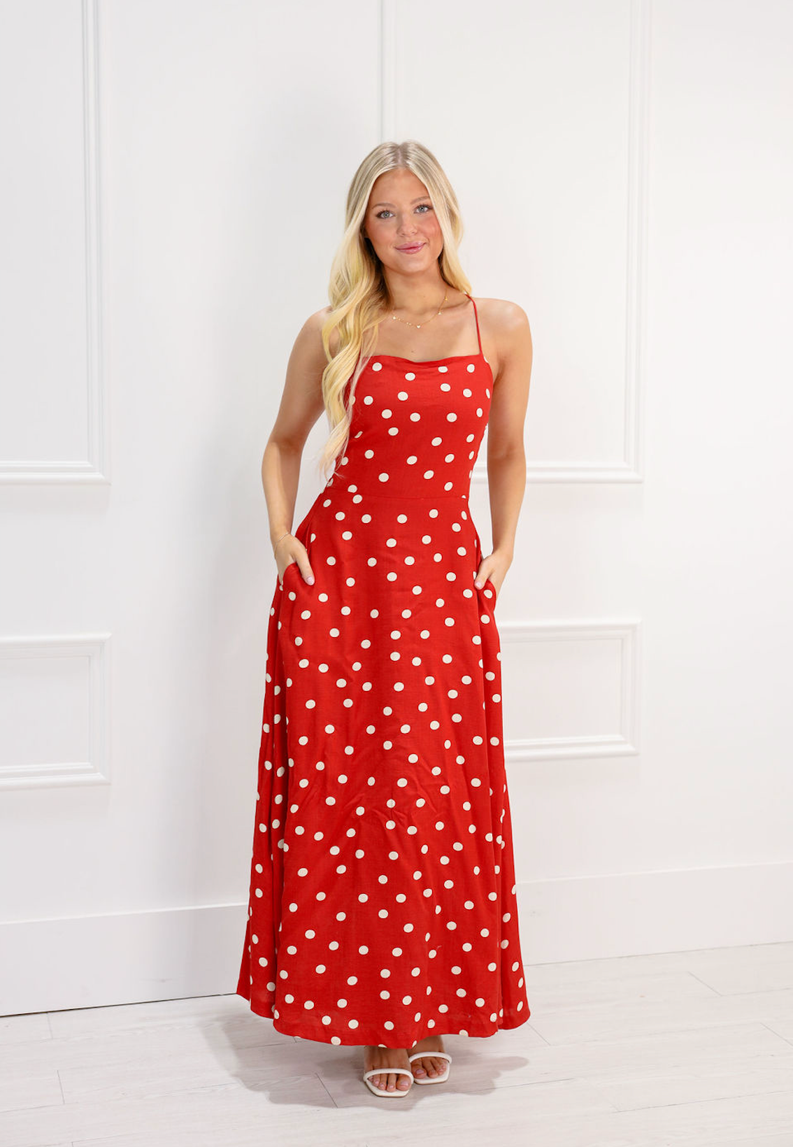 Red Polka Dot Squared Neck Maxi Dress - Clothe Boutique