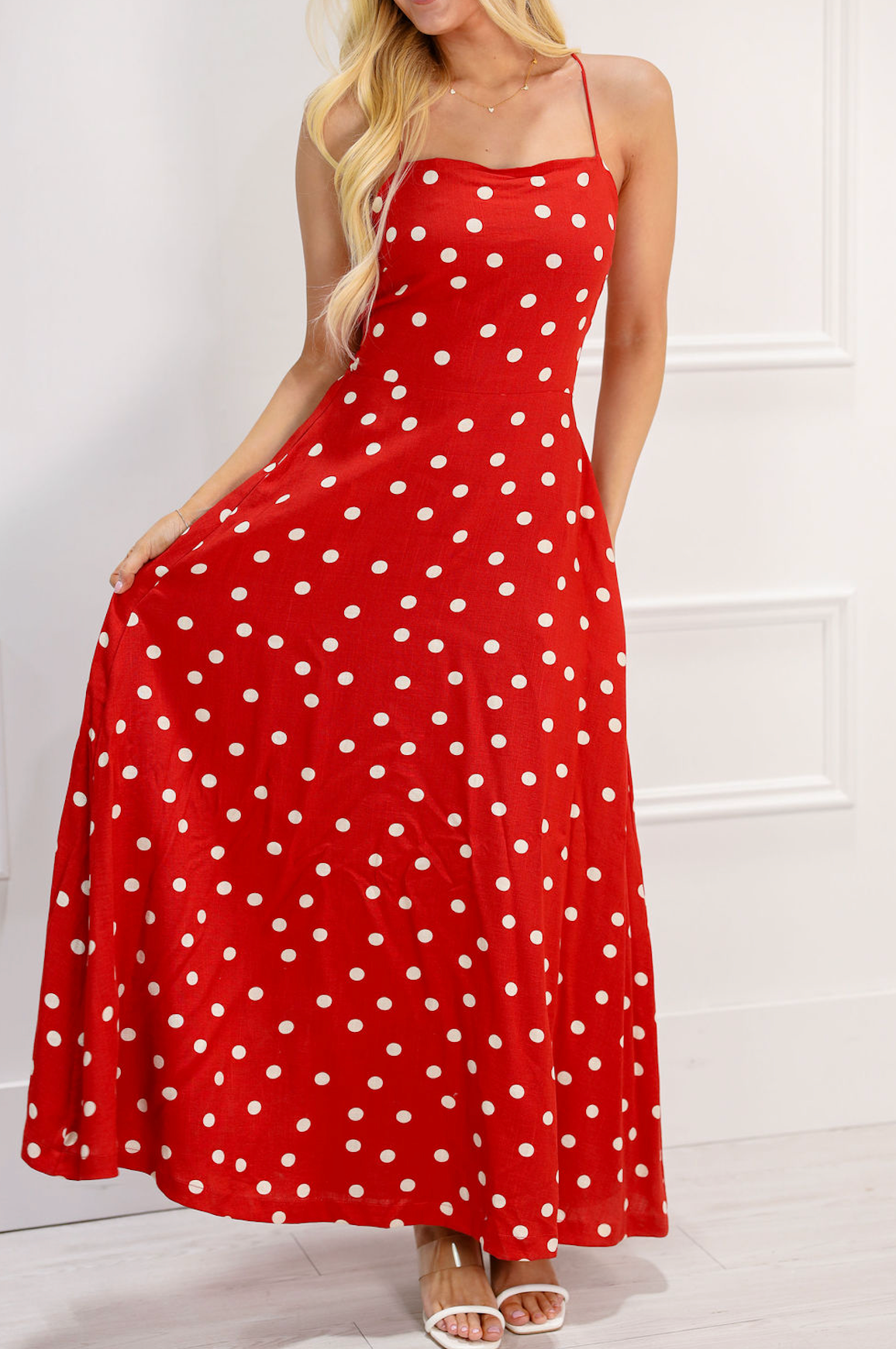 Red Polka Dot Squared Neck Maxi Dress - Clothe Boutique