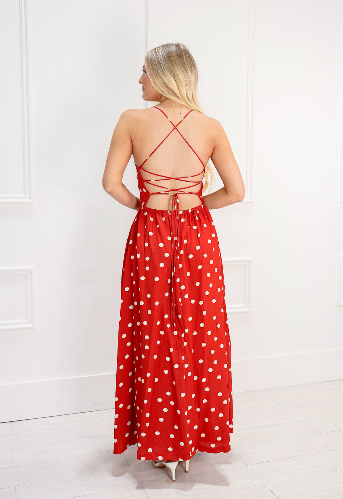 Red Polka Dot Squared Neck Maxi Dress