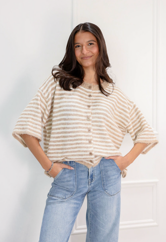 Striped Cropped Cardigan Khaki/Ivory - Clothe Boutique
