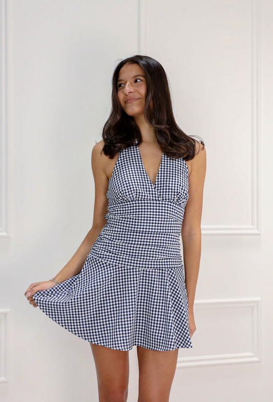 Navy Gingham Halter Dress - Clothe Boutique