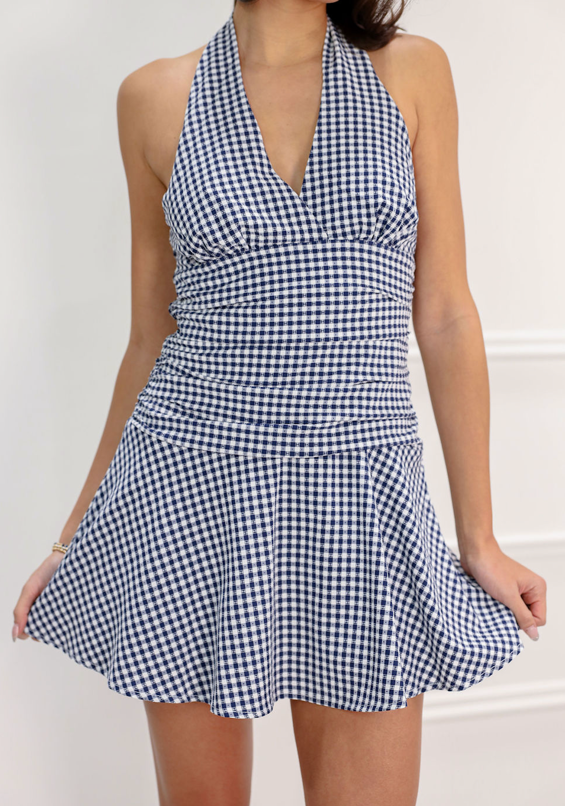 Navy Gingham Halter Dress