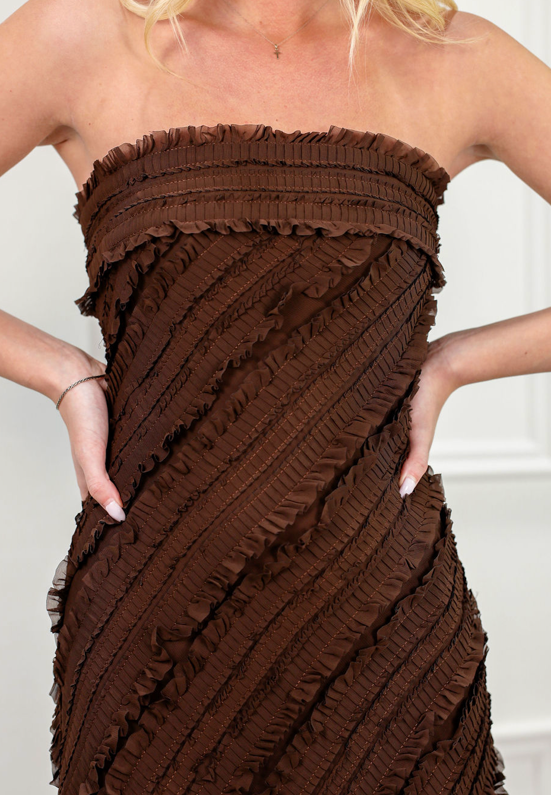 Strapless Ruffle Maxi Dress Chocolate - Clothe Boutique