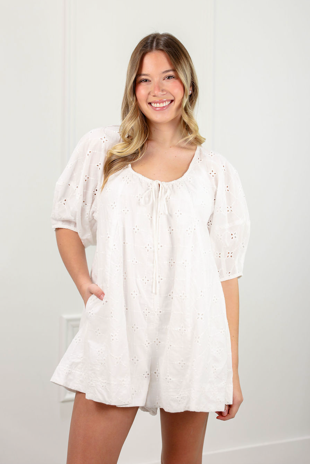 Eyelet Puff Sleeve Romper White - Clothe Boutique
