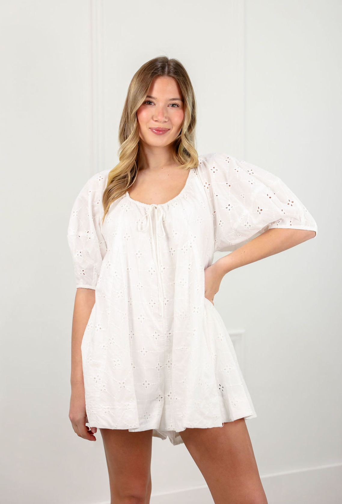 Eyelet Puff Sleeve Romper White - Clothe Boutique