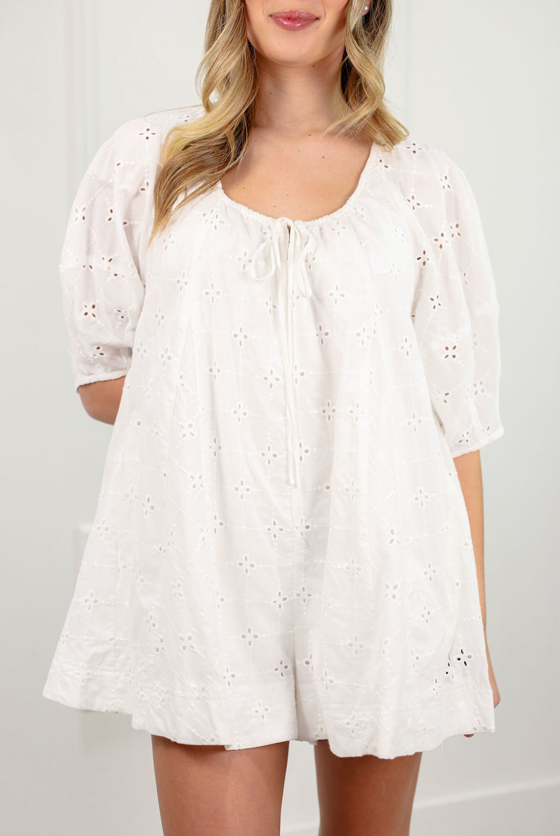 Eyelet Puff Sleeve Romper White - Clothe Boutique