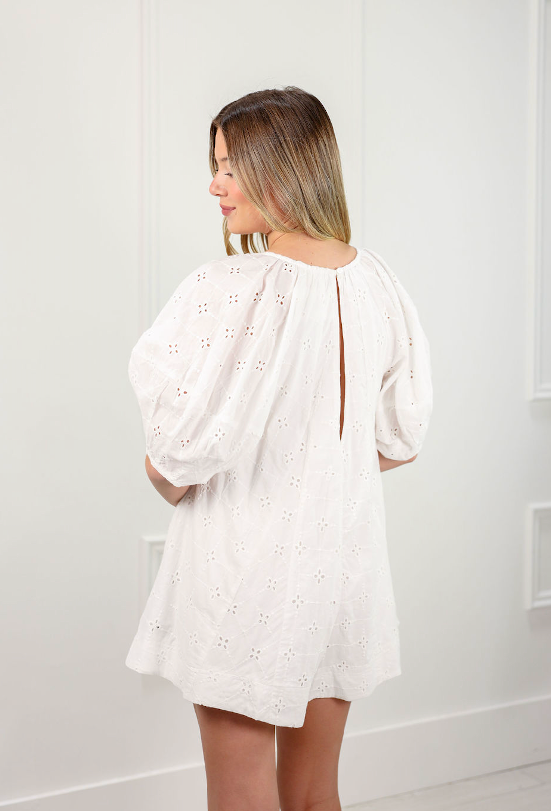 Eyelet Puff Sleeve Romper White - Clothe Boutique