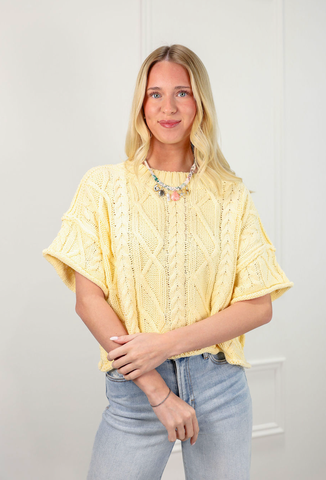 Cable Knit Short Sleeve Sweater Yellow - Clothe Boutique