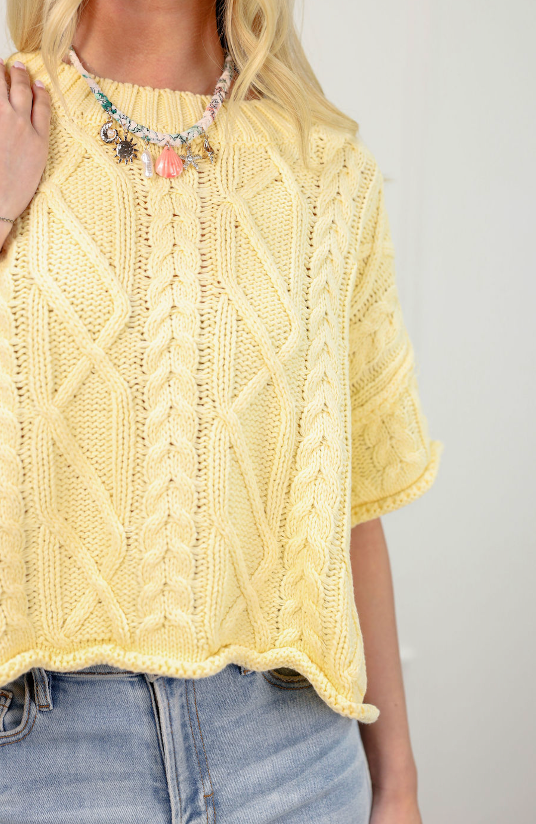 Cable Knit Short Sleeve Sweater Yellow - Clothe Boutique