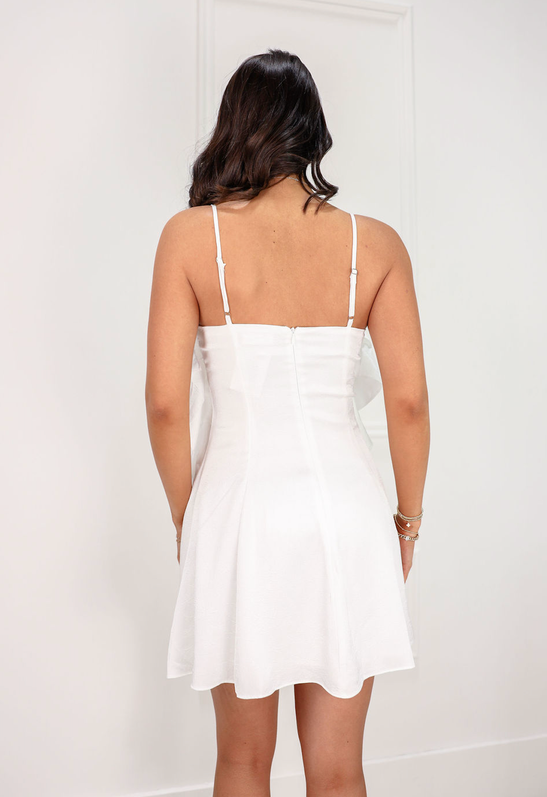 Ruffled Mini Dress W/ Bow White - Clothe Boutique