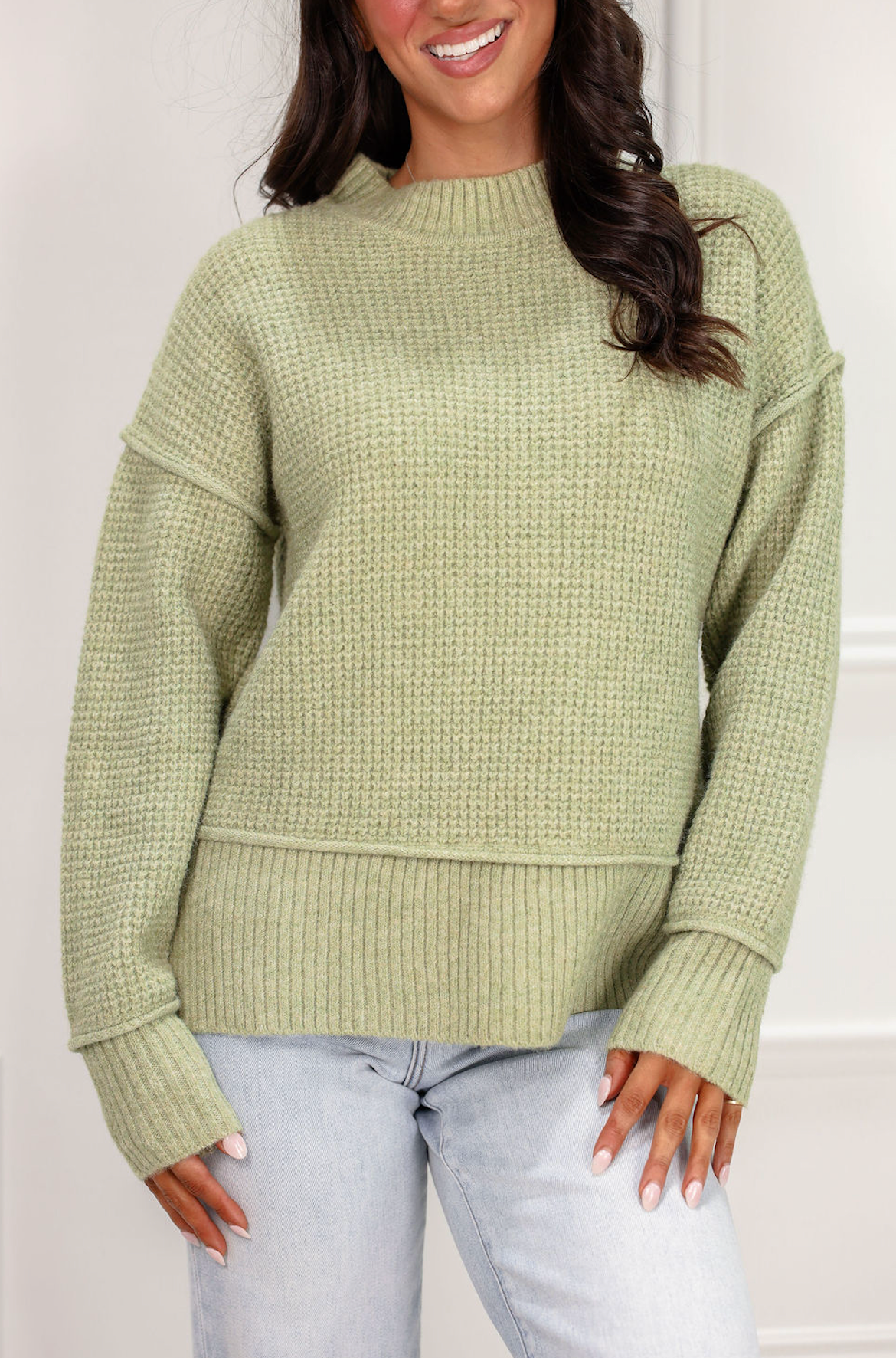 Never Looked This Cute Waffle Sweater Matcha - Clothe Boutique