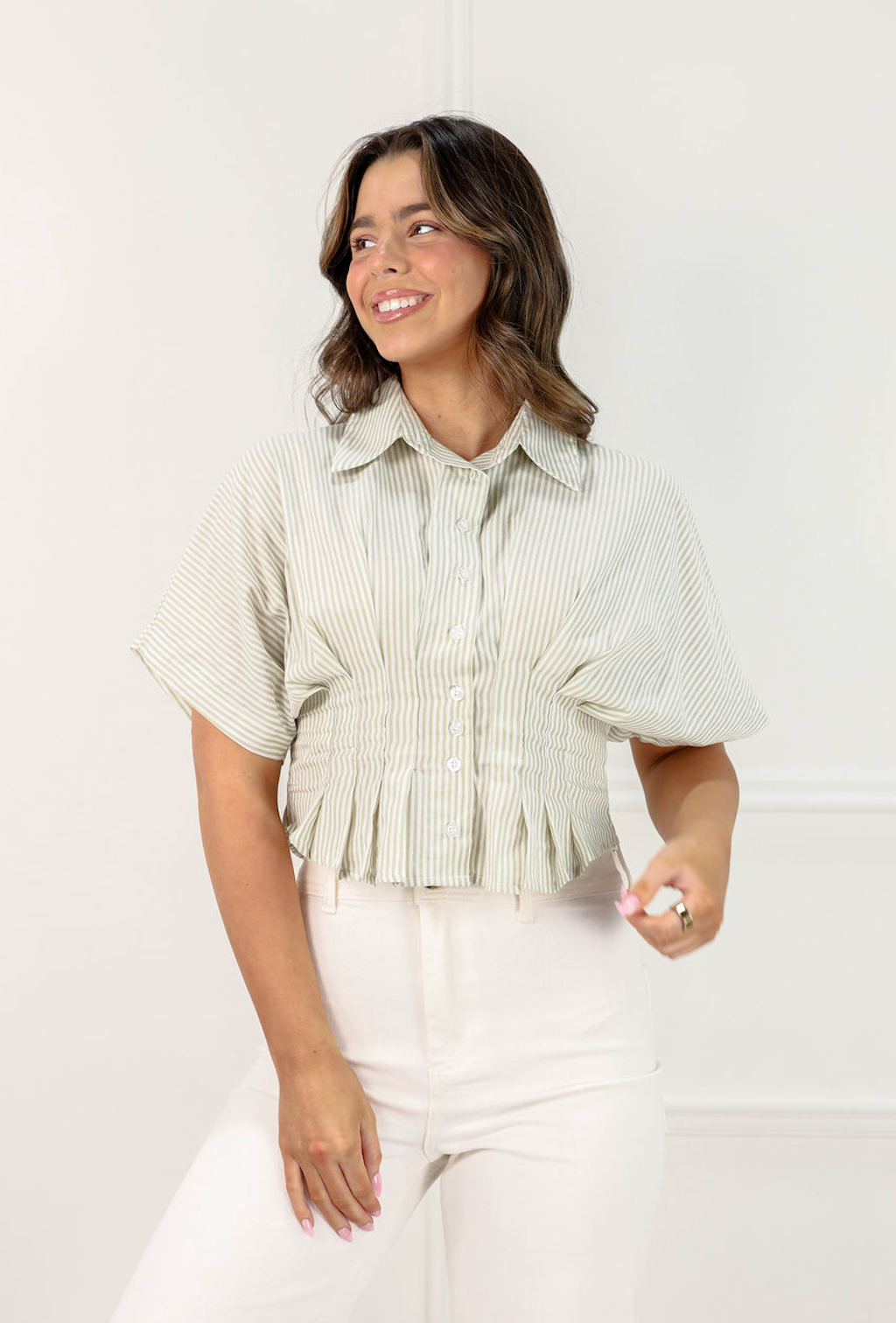 Pinstripe Peplum Shirt Sage - Clothe Boutique