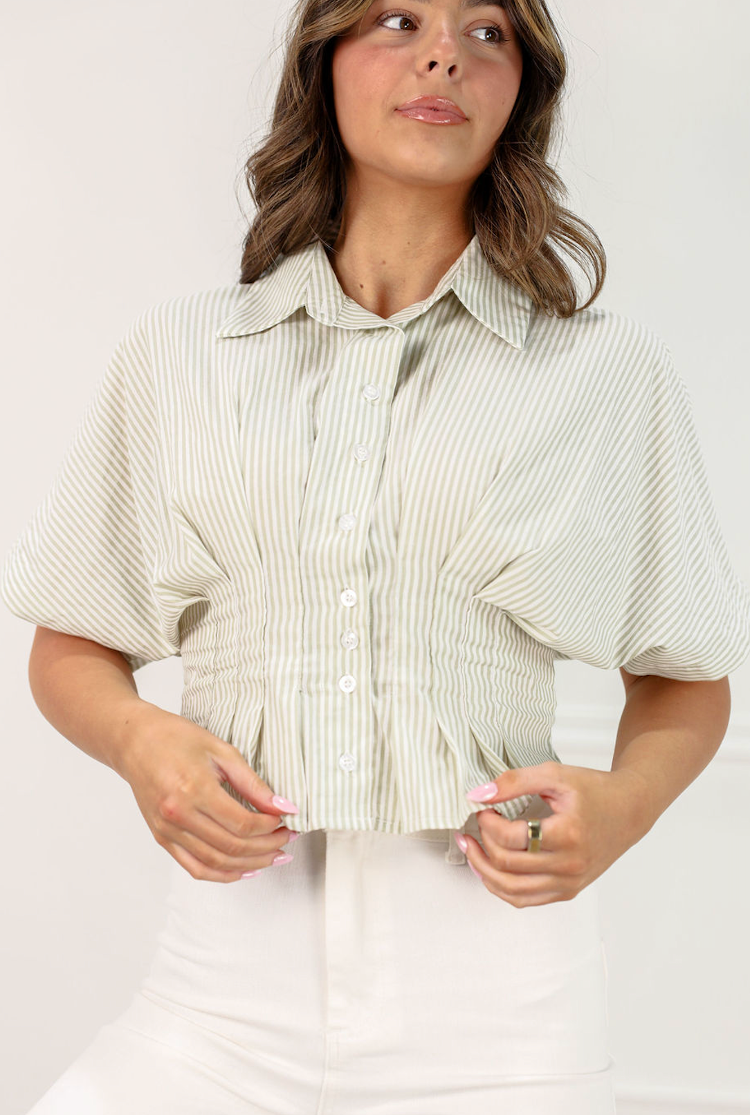 Pinstripe Peplum Shirt Sage - Clothe Boutique