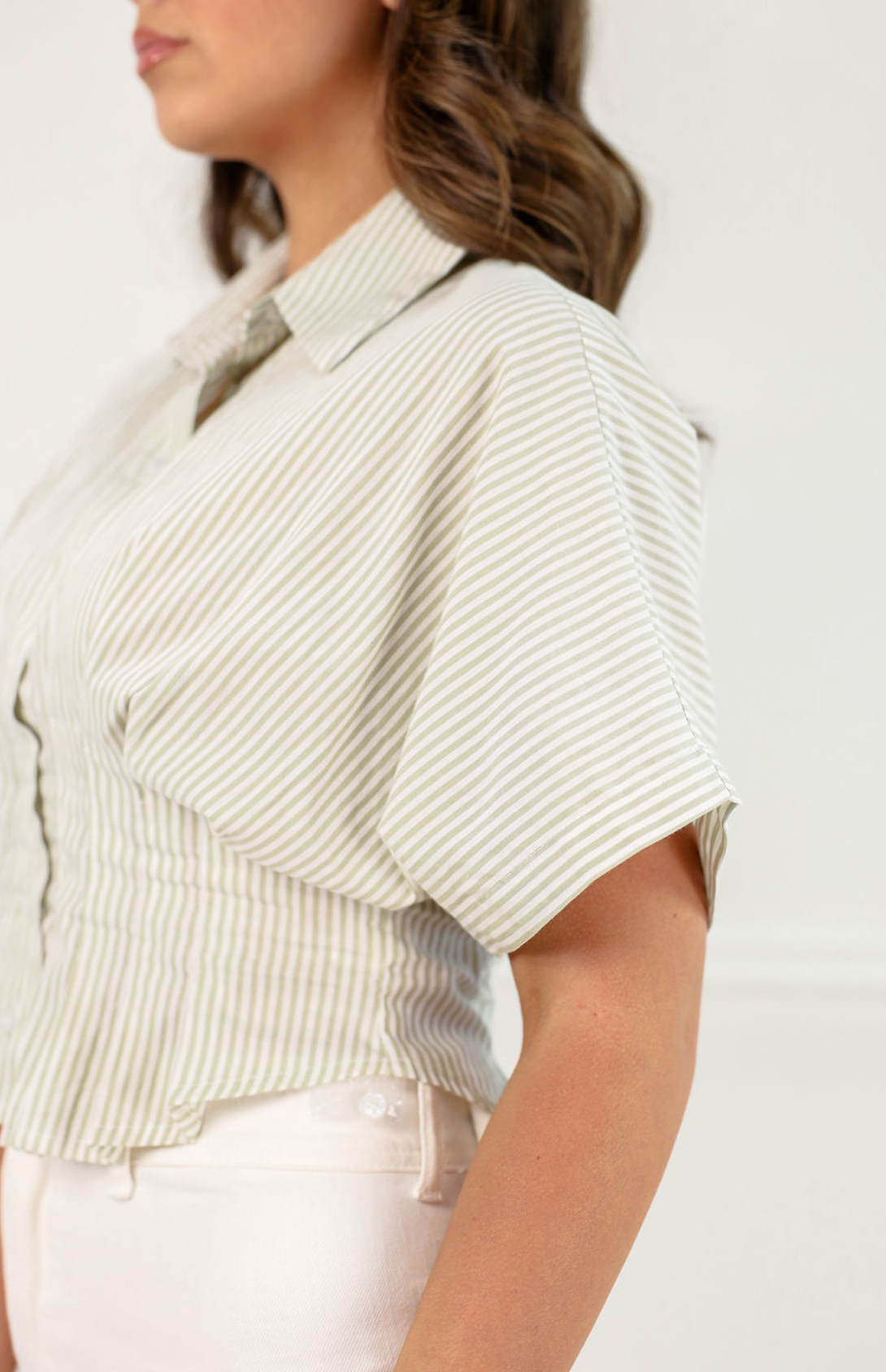 Pinstripe Peplum Shirt Sage - Clothe Boutique