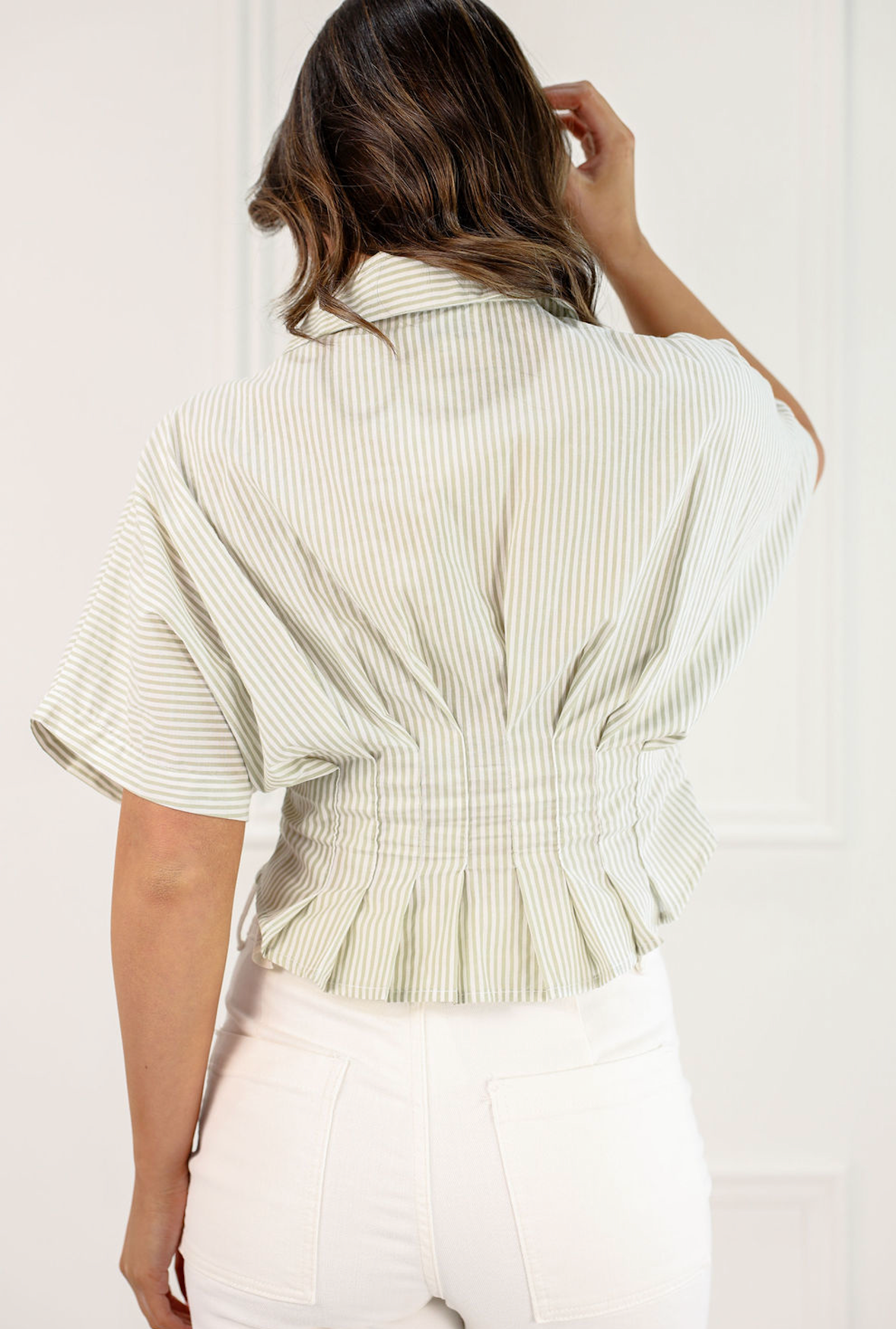Pinstripe Peplum Shirt Sage - Clothe Boutique
