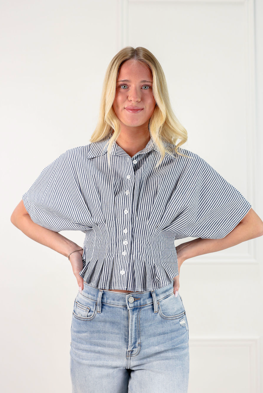 Pinstripe Peplum Shirt Navy - Clothe Boutique
