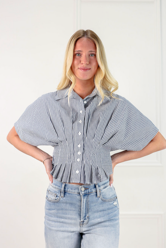 Pinstripe Peplum Shirt Navy - Clothe Boutique