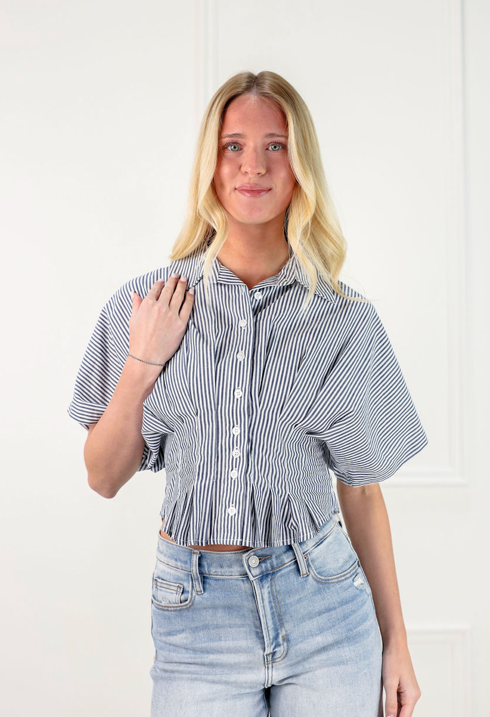 Pinstripe Peplum Shirt Navy - Clothe Boutique