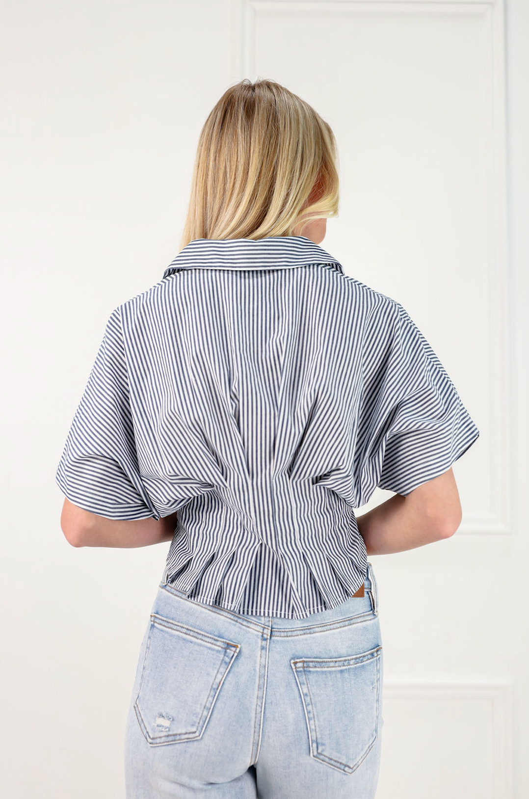 Pinstripe Peplum Shirt Navy - Clothe Boutique
