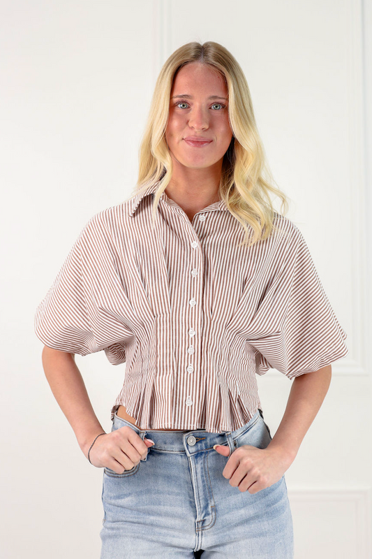 Pinstripe Peplum Shirt Brown - Clothe Boutique
