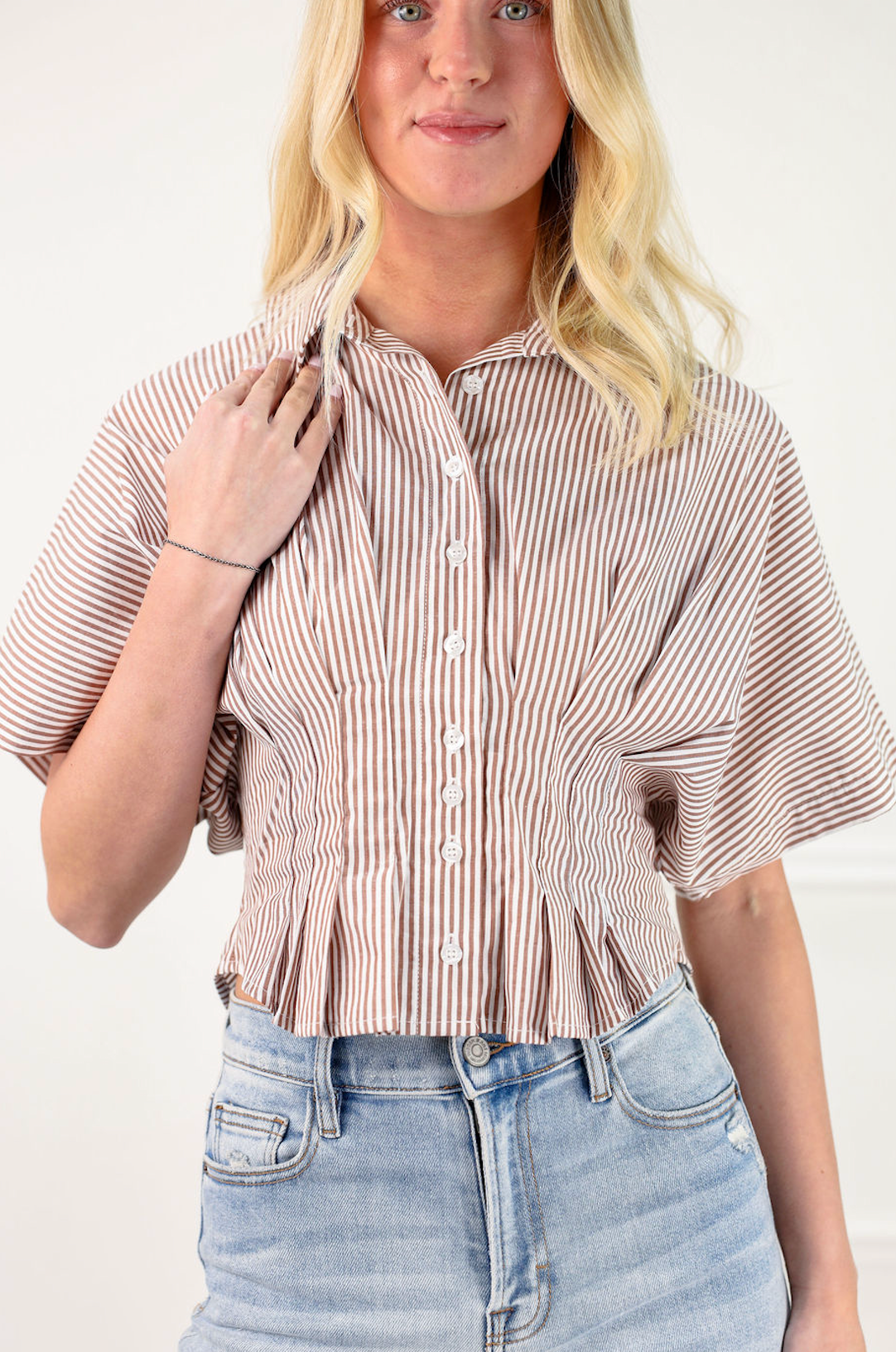 Pinstripe Peplum Shirt Brown - Clothe Boutique