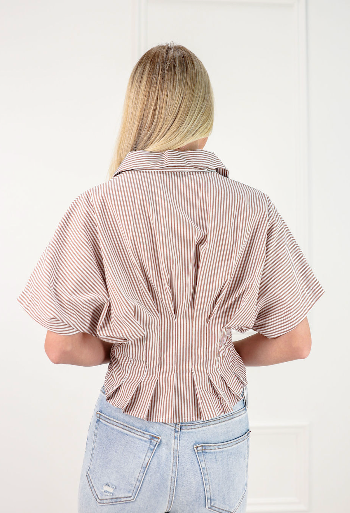 Pinstripe Peplum Shirt Brown - Clothe Boutique
