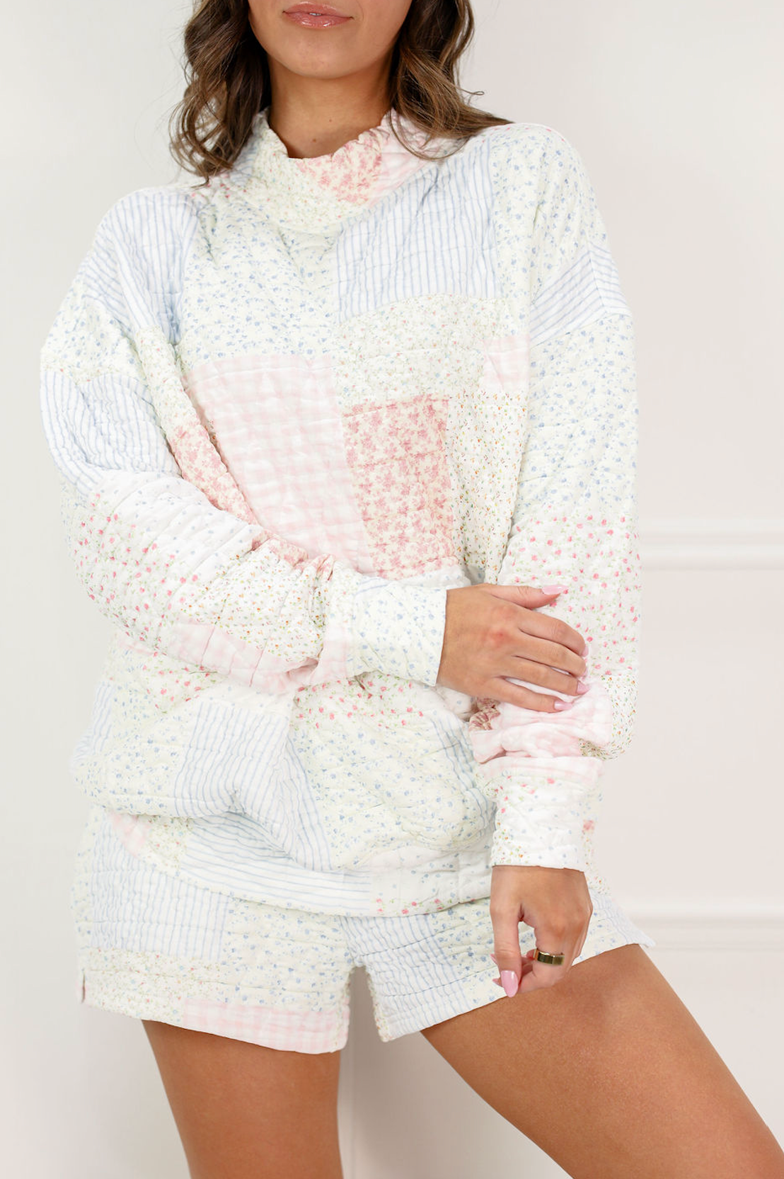 Floral Quilted Patchwork Mock Crew - Clothe Boutique
