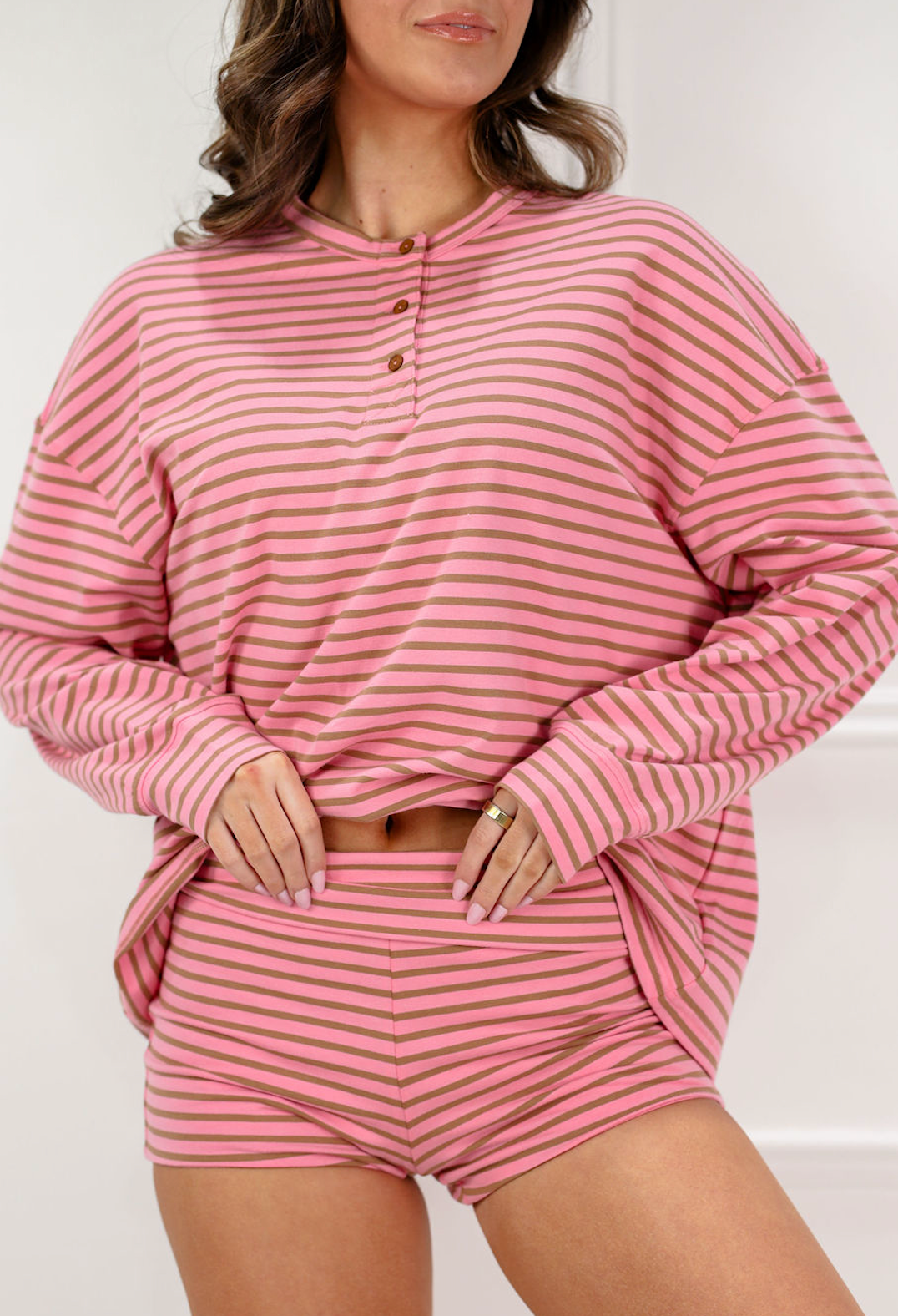 Pink/Brown Stripe Henley & Shorts Set of 2 - Clothe Boutique