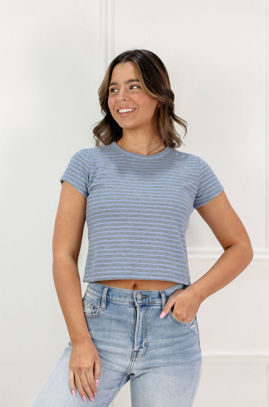 Short Sleeve Stripe Top Grey/Blue - Clothe Boutique