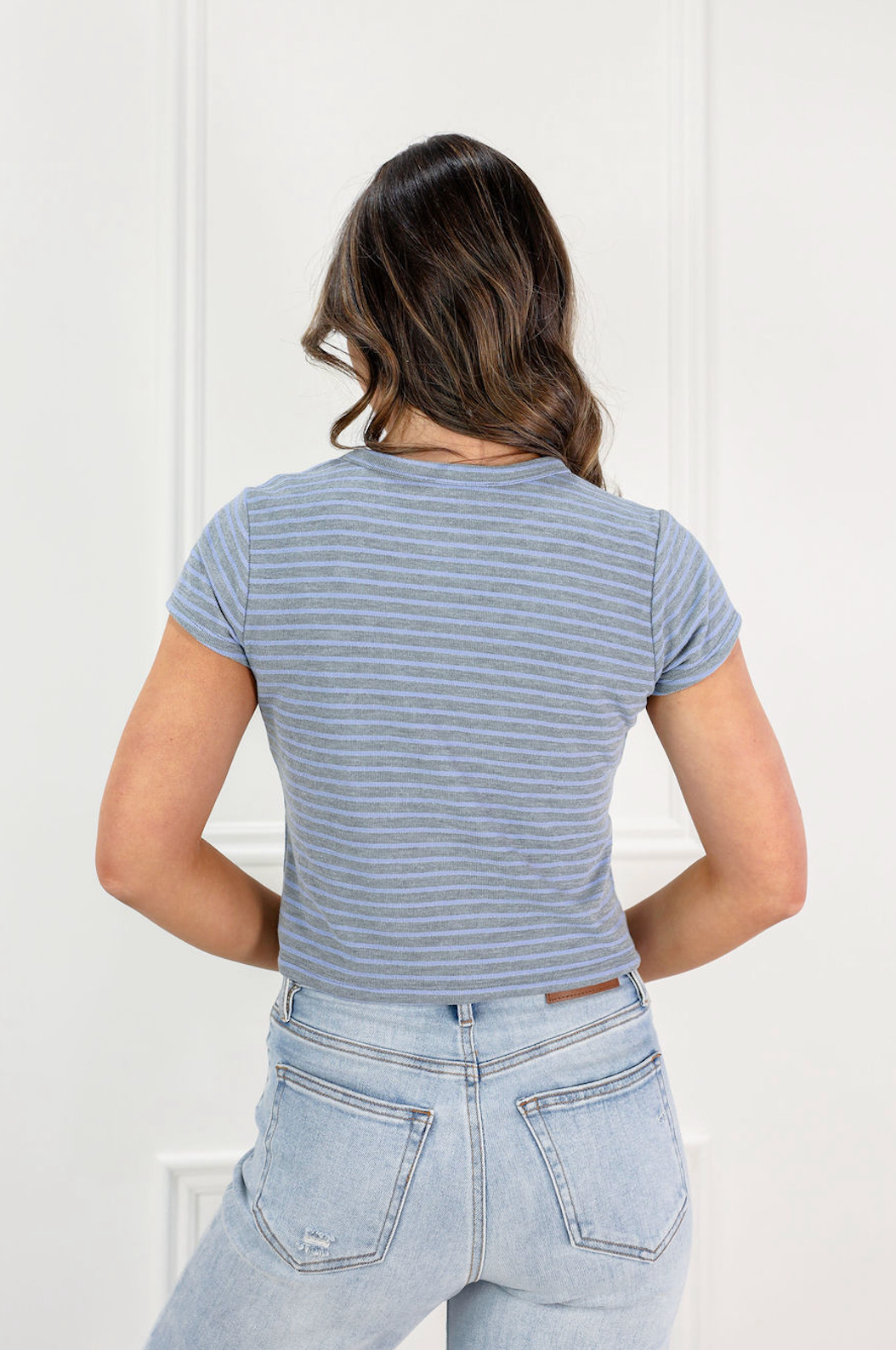 Short Sleeve Stripe Top Grey/Blue - Clothe Boutique