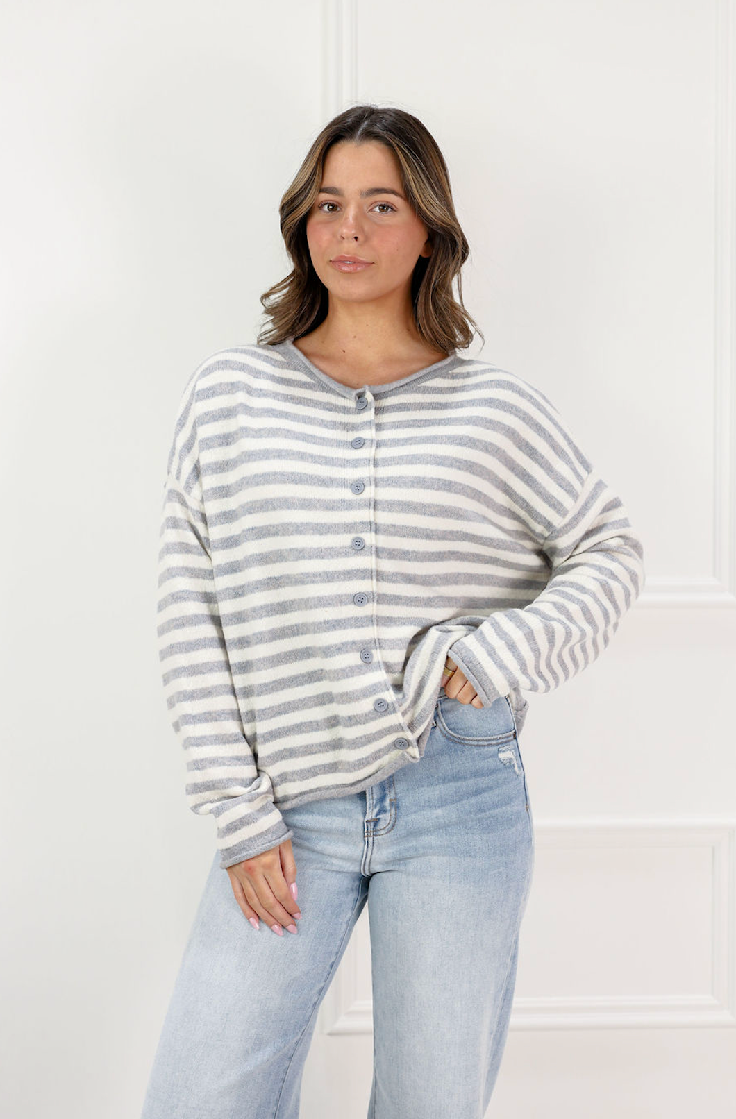 Grey Stripe Cardigan - Clothe Boutique
